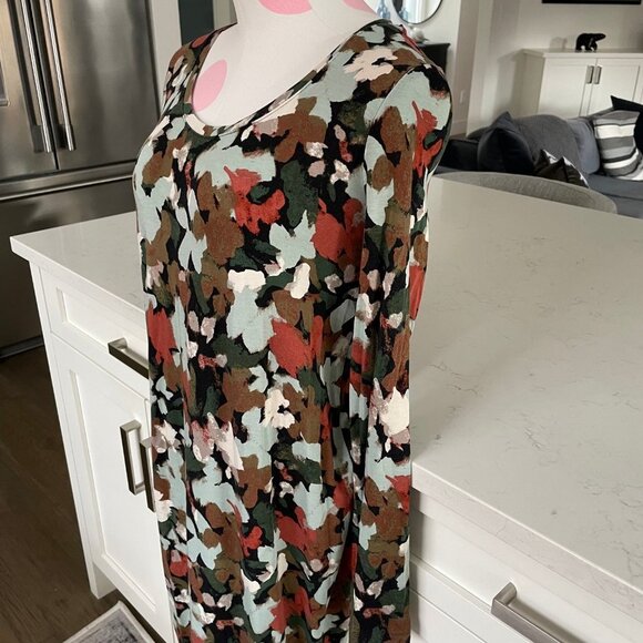 Abstract Floral Scoop Nk Lg Slv Midi (mid calf) Rayon Spandex Dress Multi Sz M - Picture 4 of 9